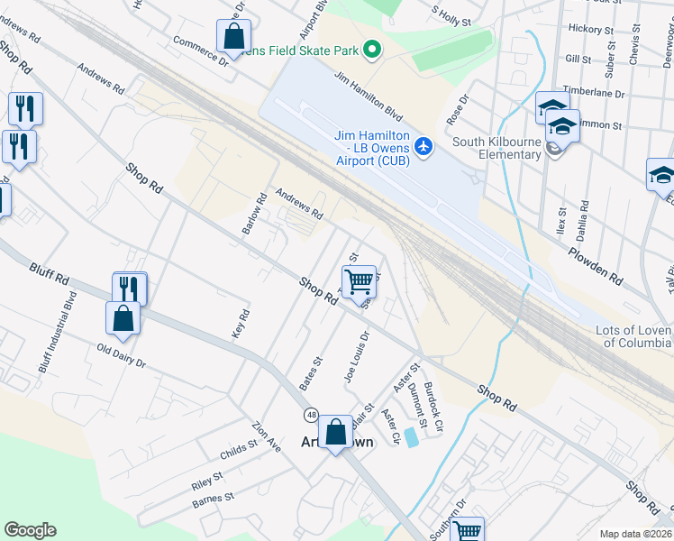 map of restaurants, bars, coffee shops, grocery stores, and more near 1233 Walcott Street in Columbia