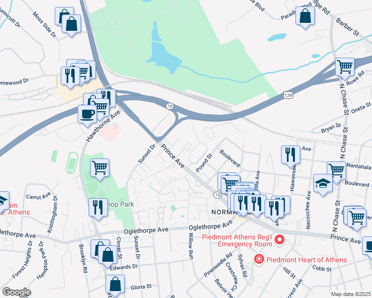 map of restaurants, bars, coffee shops, grocery stores, and more near 1688 Prince Avenue in Athens