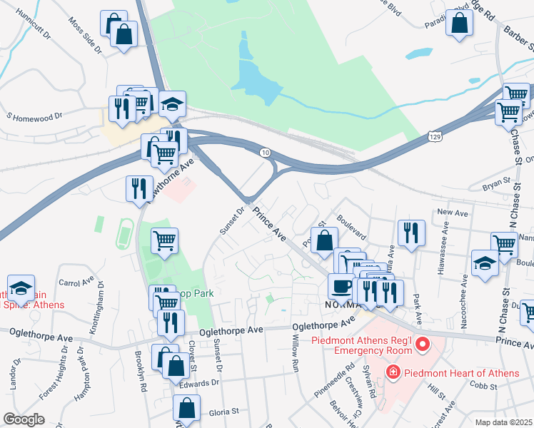 map of restaurants, bars, coffee shops, grocery stores, and more near 21 Jefferson Place in Athens