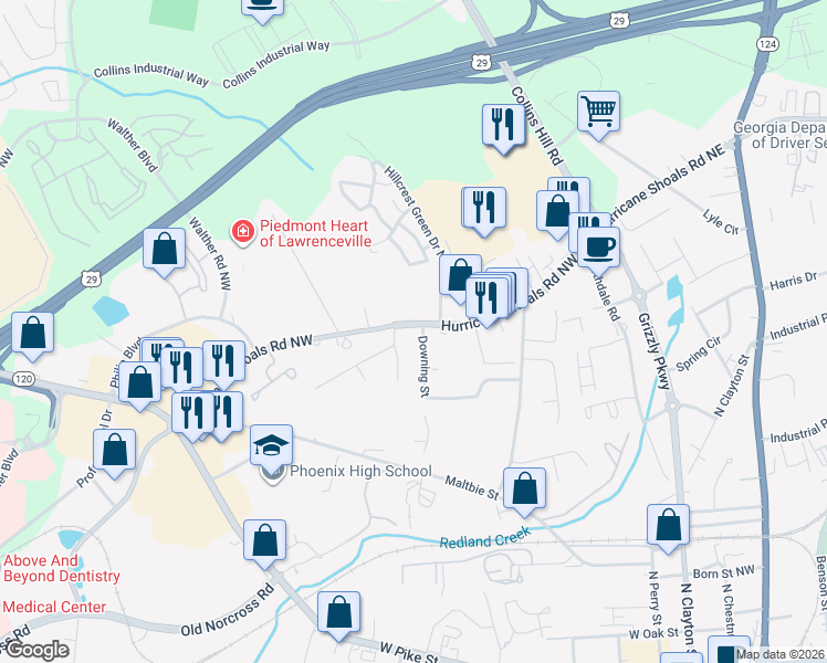 map of restaurants, bars, coffee shops, grocery stores, and more near 182 Hurricane Shoals Road Northwest in Lawrenceville