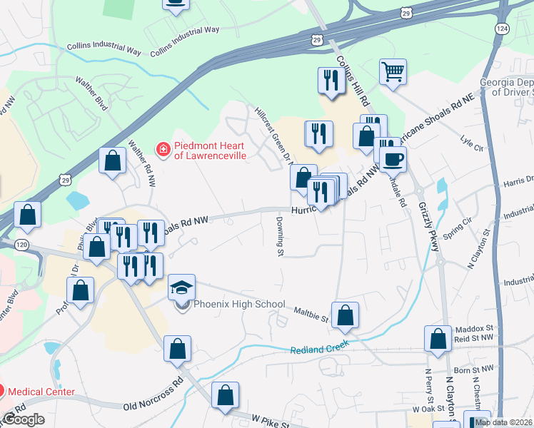 map of restaurants, bars, coffee shops, grocery stores, and more near 587 Whitehall Lane in Lawrenceville