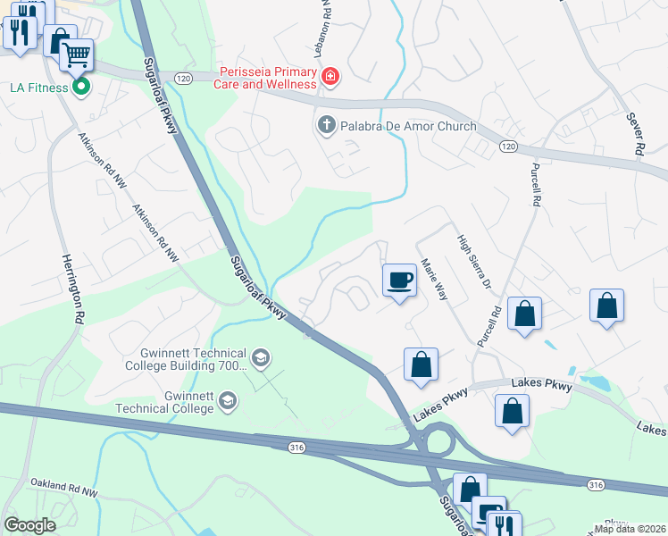 map of restaurants, bars, coffee shops, grocery stores, and more near 1460 Racquet Club Drive Northwest in Lawrenceville