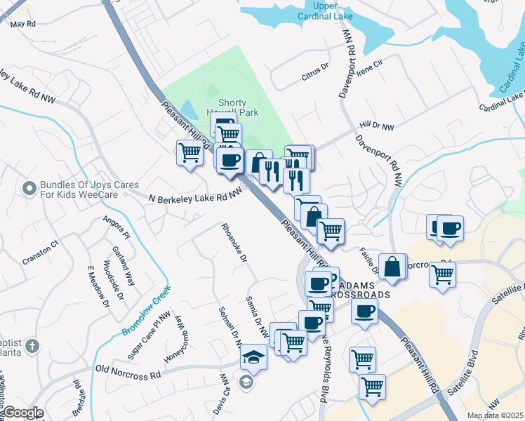 map of restaurants, bars, coffee shops, grocery stores, and more near 2555 Pleasant Hill Road in Duluth