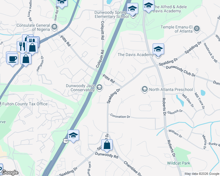 map of restaurants, bars, coffee shops, grocery stores, and more near 7775 Stratford Lane in Sandy Springs
