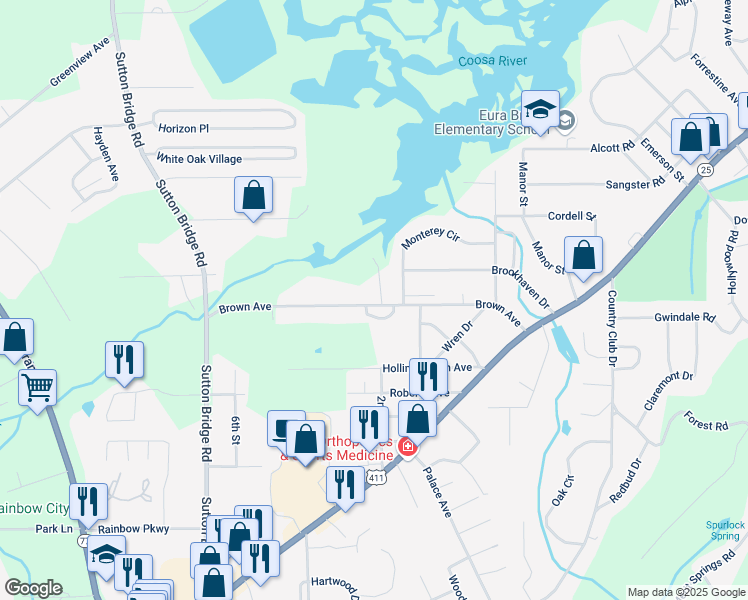 map of restaurants, bars, coffee shops, grocery stores, and more near 303 Brown Avenue in Rainbow City