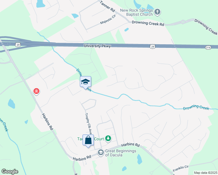 map of restaurants, bars, coffee shops, grocery stores, and more near 2711 Winky Bluff in Dacula