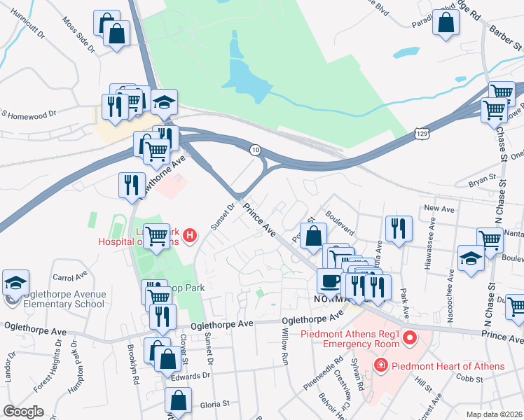 map of restaurants, bars, coffee shops, grocery stores, and more near 21 Jefferson Place in Athens