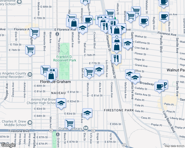 map of restaurants, bars, coffee shops, grocery stores, and more near 7809 Crockett Boulevard in Los Angeles