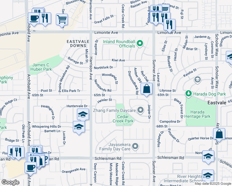 map of restaurants, bars, coffee shops, grocery stores, and more near 13624 Woodlands Street in Corona