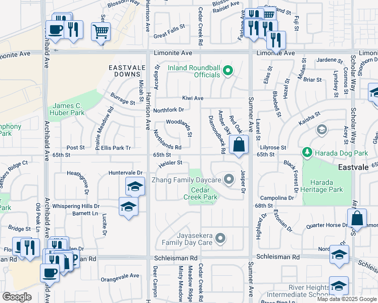 map of restaurants, bars, coffee shops, grocery stores, and more near 13611 Northlands Road in Corona