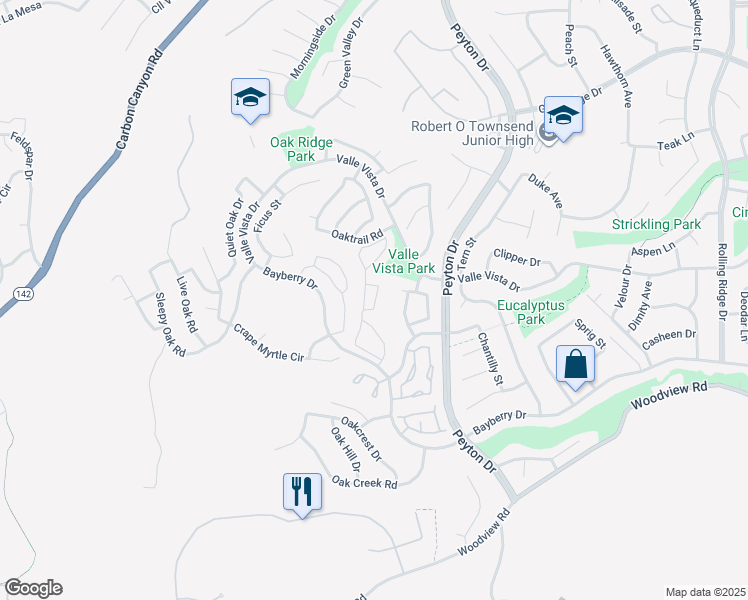 map of restaurants, bars, coffee shops, grocery stores, and more near 15721 Bluffside Court in Chino Hills