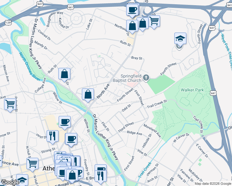map of restaurants, bars, coffee shops, grocery stores, and more near 125 Berlin Street in Athens