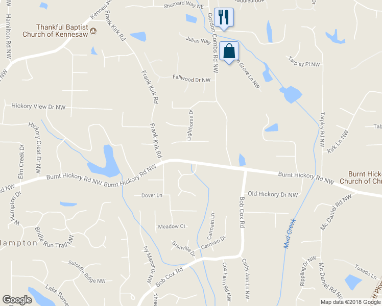 map of restaurants, bars, coffee shops, grocery stores, and more near 2930 Burnt Hickory Road Northwest in Marietta