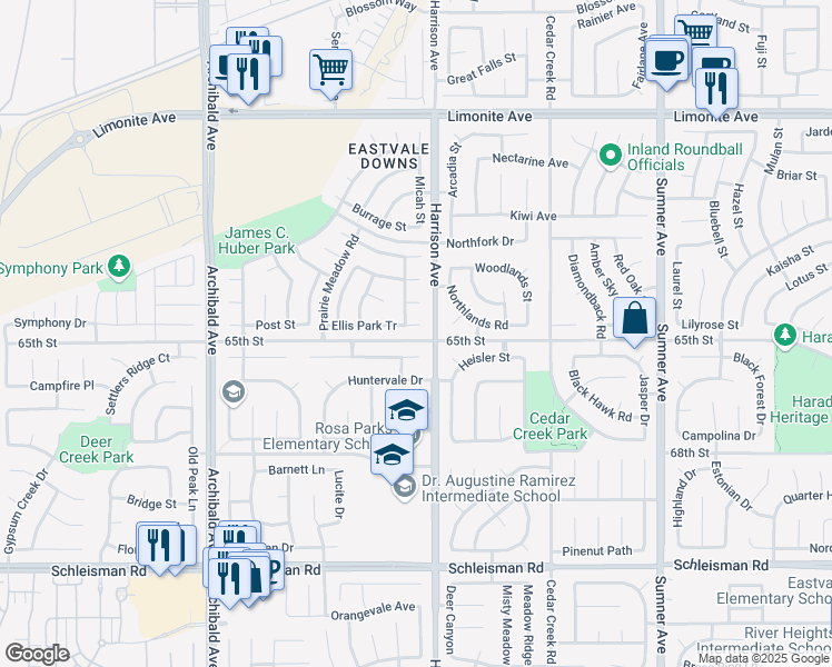 map of restaurants, bars, coffee shops, grocery stores, and more near 13833 Ellis Park Tr in Corona