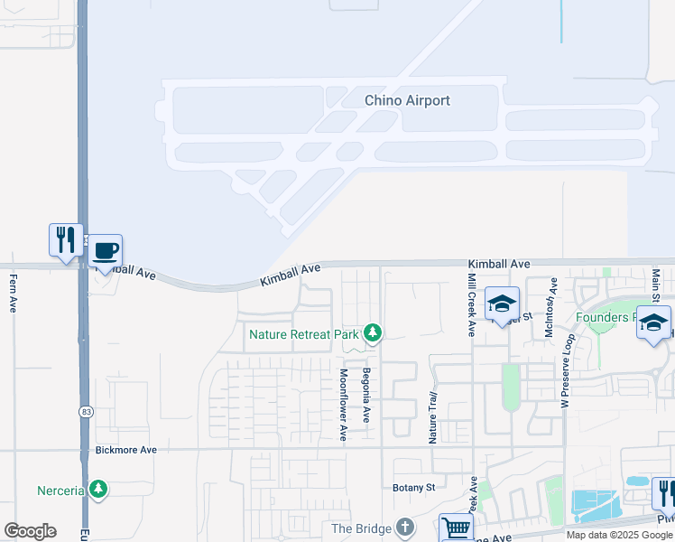 map of restaurants, bars, coffee shops, grocery stores, and more near 15714 Moonflower Avenue in Chino