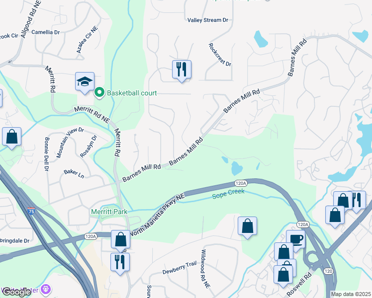 map of restaurants, bars, coffee shops, grocery stores, and more near 775 Barnes Mill Trace Northeast in Marietta