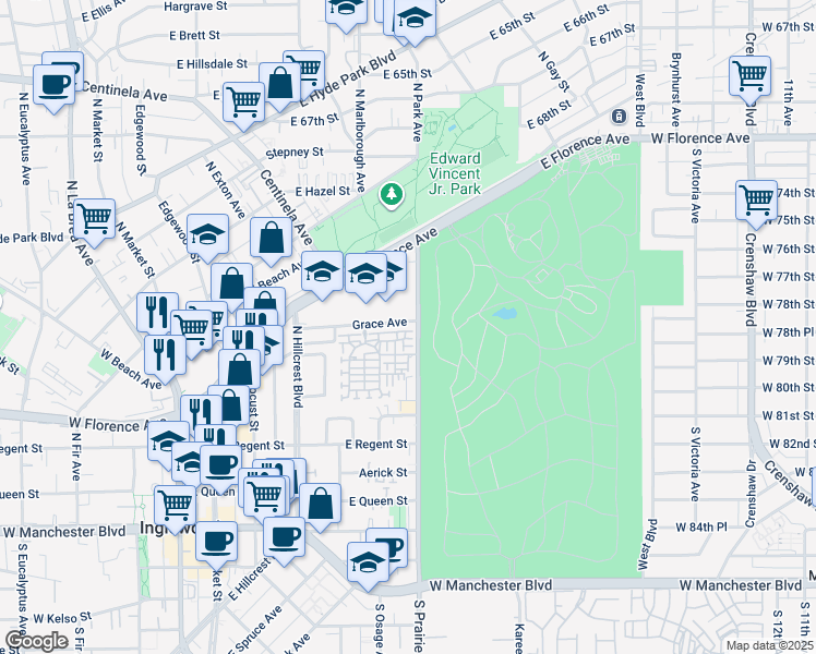 map of restaurants, bars, coffee shops, grocery stores, and more near 748 Grace Avenue in Inglewood