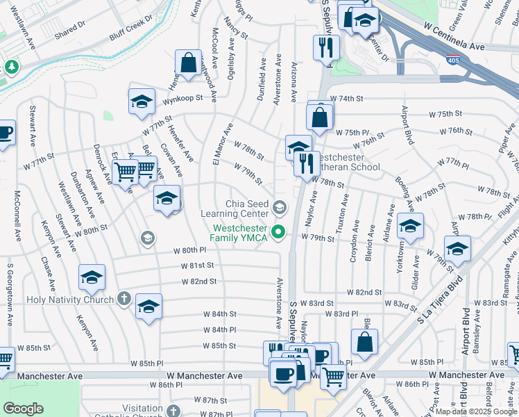 map of restaurants, bars, coffee shops, grocery stores, and more near 6355 West 80th Street in Los Angeles