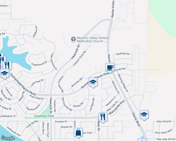 map of restaurants, bars, coffee shops, grocery stores, and more near 24410 Rimview Road in Moreno Valley