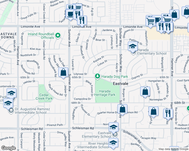 map of restaurants, bars, coffee shops, grocery stores, and more near 6552 Lotus Street in Corona