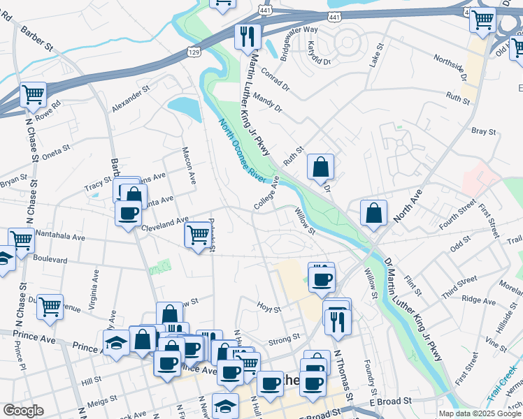map of restaurants, bars, coffee shops, grocery stores, and more near 550 Willow Street in Athens