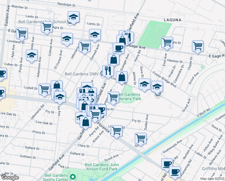 map of restaurants, bars, coffee shops, grocery stores, and more near 7000 Granger Avenue in Bell Gardens