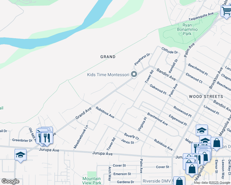 map of restaurants, bars, coffee shops, grocery stores, and more near 5658 Grand Avenue in Riverside