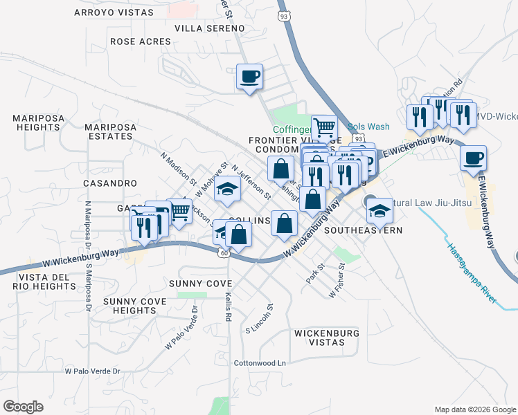 map of restaurants, bars, coffee shops, grocery stores, and more near 268 North Jefferson Street in Wickenburg