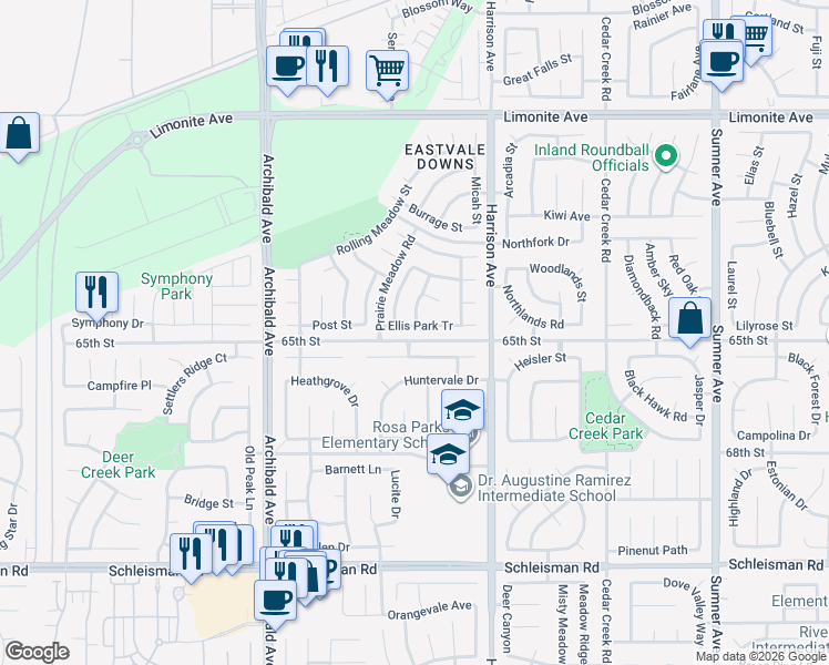 map of restaurants, bars, coffee shops, grocery stores, and more near 13933 Ellis Park Tr in Corona