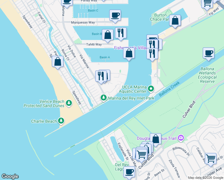 map of restaurants, bars, coffee shops, grocery stores, and more near 14013 Old Harbor Lane in Marina del Rey