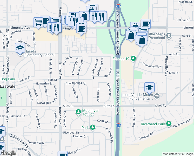 map of restaurants, bars, coffee shops, grocery stores, and more near 6640 Harrow Street in Eastvale