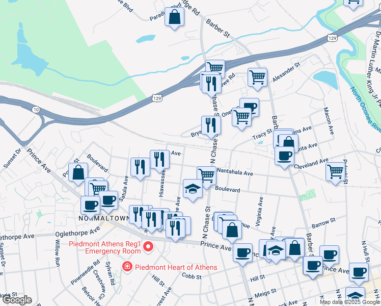 map of restaurants, bars, coffee shops, grocery stores, and more near 195 Miles Street in Athens