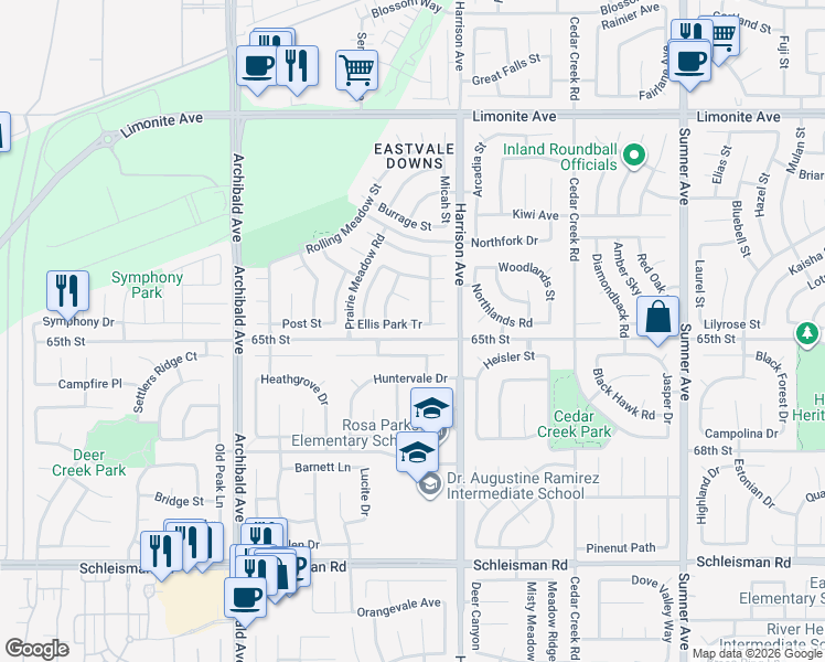 map of restaurants, bars, coffee shops, grocery stores, and more near 13883 Ellis Park Tr in Corona