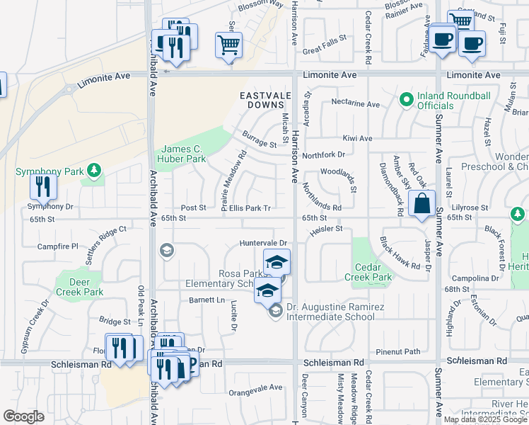 map of restaurants, bars, coffee shops, grocery stores, and more near 13883 Ellis Park Tr in Corona
