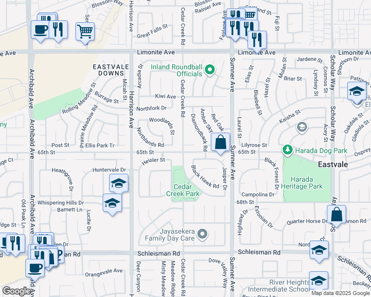 map of restaurants, bars, coffee shops, grocery stores, and more near 13593 Gray Hawk Court in Corona