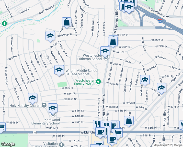 map of restaurants, bars, coffee shops, grocery stores, and more near 6355 West 80th Street in Los Angeles