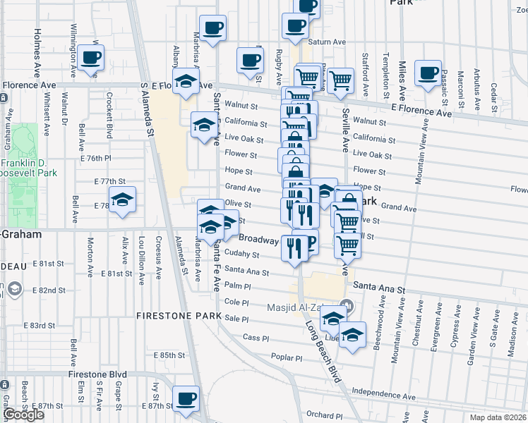 map of restaurants, bars, coffee shops, grocery stores, and more near 2508 Olive Street in Huntington Park
