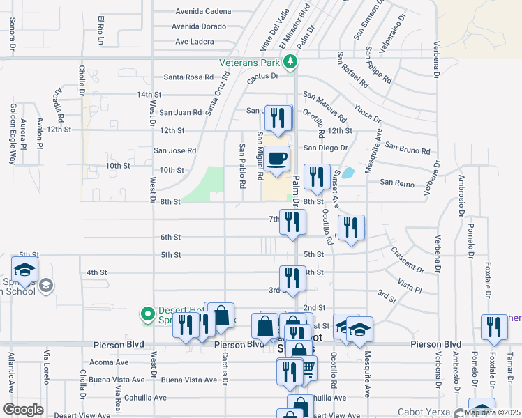 map of restaurants, bars, coffee shops, grocery stores, and more near 66375 8th Street in Desert Hot Springs