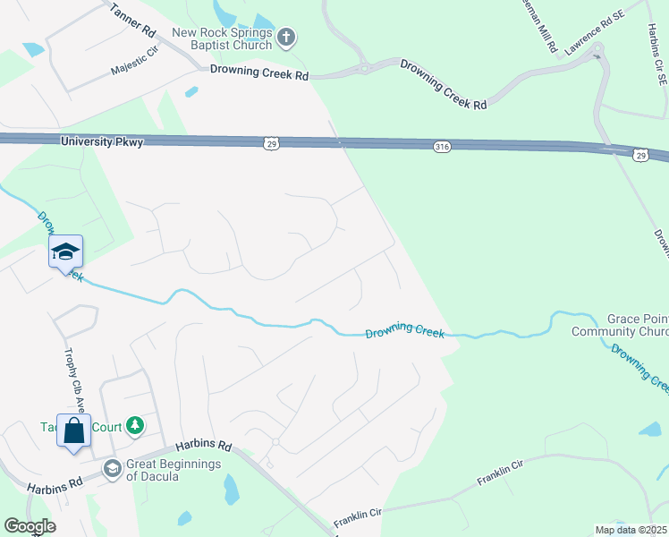 map of restaurants, bars, coffee shops, grocery stores, and more near 2920 Williams Farm Drive in Dacula