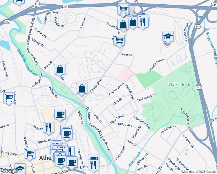 map of restaurants, bars, coffee shops, grocery stores, and more near 150 Berlin Street in Athens