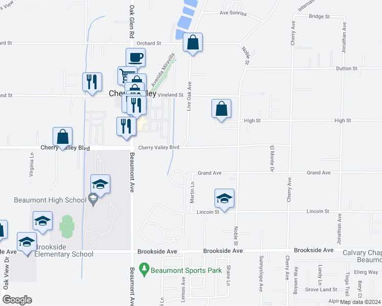 map of restaurants, bars, coffee shops, grocery stores, and more near 39559 Cherry Valley Boulevard in Cherry Valley