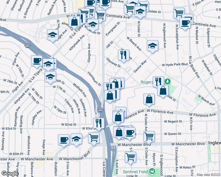 map of restaurants, bars, coffee shops, grocery stores, and more near 806 Austin Avenue in Inglewood