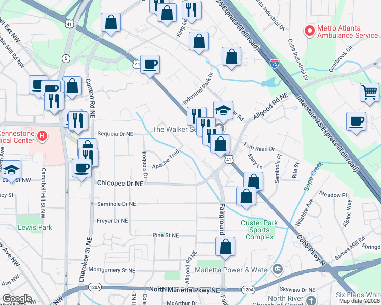 map of restaurants, bars, coffee shops, grocery stores, and more near 697 Kiowa Drive Northeast in Marietta