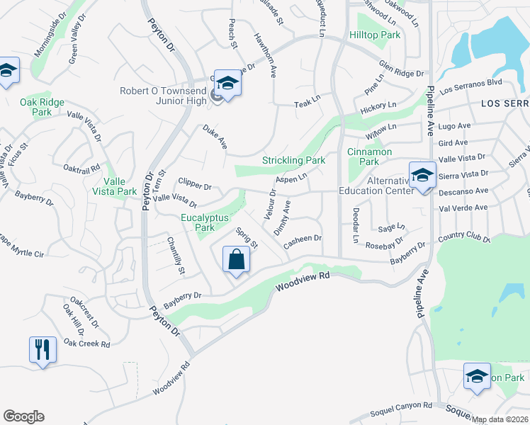 map of restaurants, bars, coffee shops, grocery stores, and more near 15686 Velour Drive in Chino Hills
