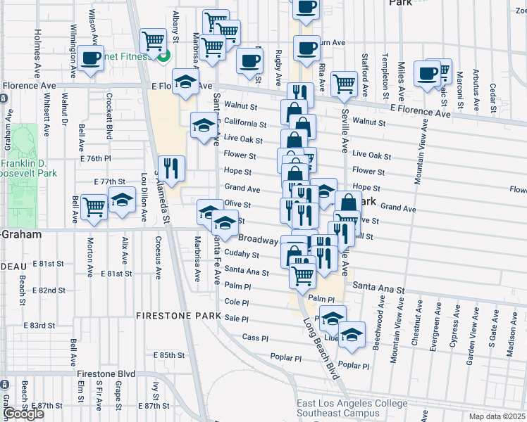 map of restaurants, bars, coffee shops, grocery stores, and more near 2508 Olive Street in Huntington Park