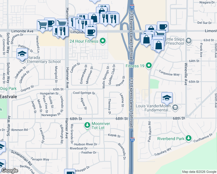 map of restaurants, bars, coffee shops, grocery stores, and more near 6640 Harrow Street in Eastvale