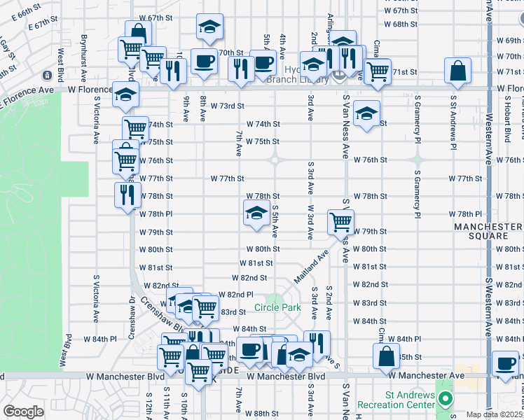 map of restaurants, bars, coffee shops, grocery stores, and more near 2623 West 78th Place in Inglewood