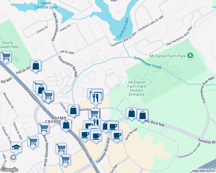 map of restaurants, bars, coffee shops, grocery stores, and more near 3355 McDaniel Road in Duluth