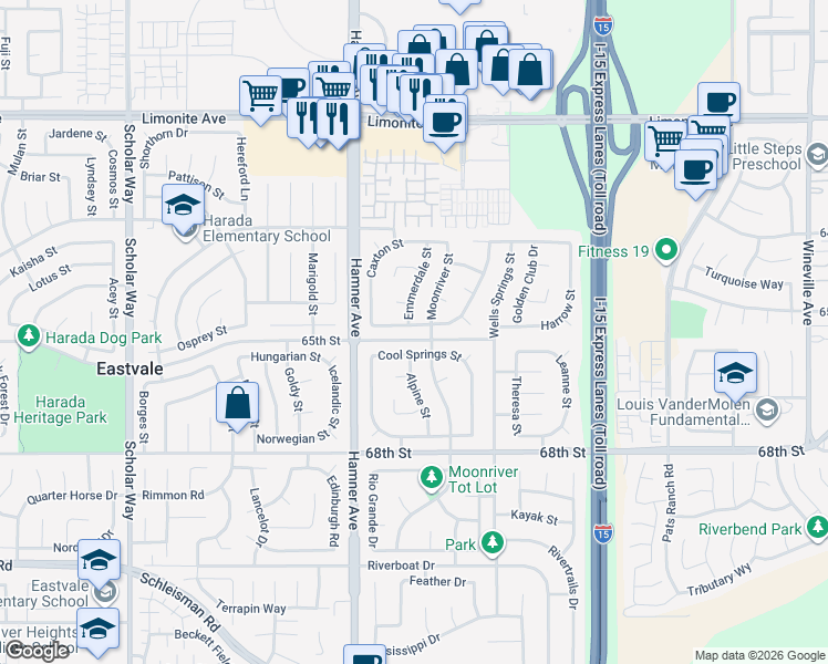 map of restaurants, bars, coffee shops, grocery stores, and more near 12513 Black Horse Street in Eastvale