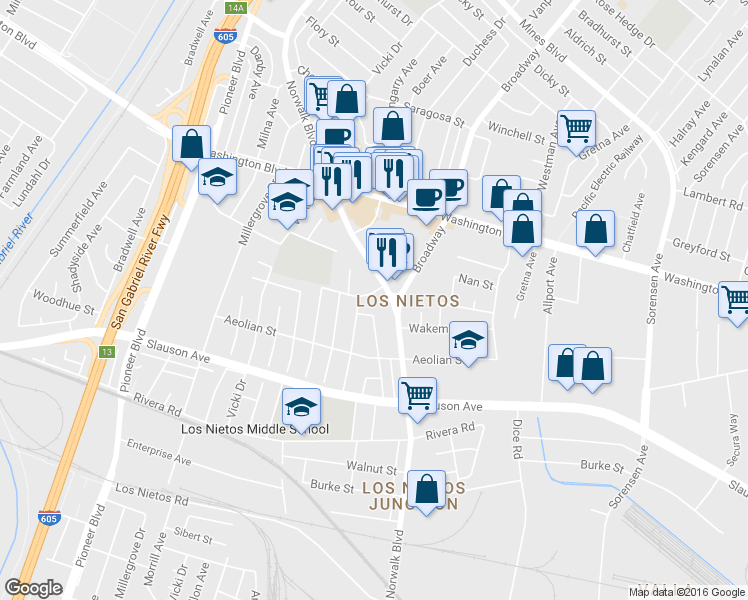 map of restaurants, bars, coffee shops, grocery stores, and more near 11330 Waddell Street in Whittier